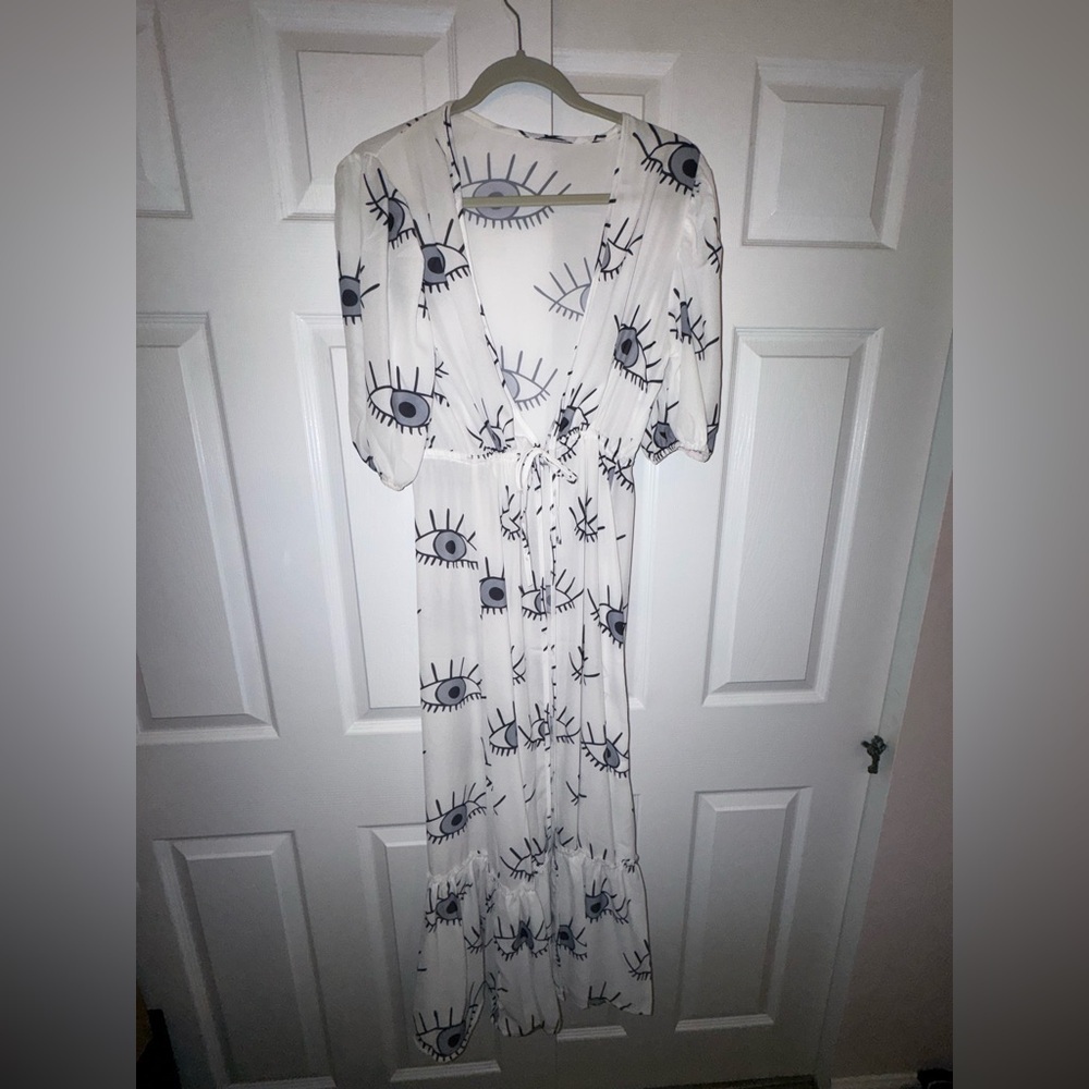 💥SALE Evil Eye Midi Dress/Beach Cover-up Boho Tie Front Small/Med